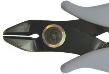 The image shows a pair of pliers with gray, ergonomic handles. The head is black and features an oval opening for gripping and cutting materials. A circular metal button is in the center.