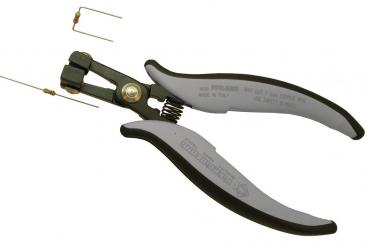 The image shows a pair of pliers with gray rubber handles and a black metal head. Next to the pliers are two thin, wire-like parts. The pliers have a spring-loaded opening and precise tips.
