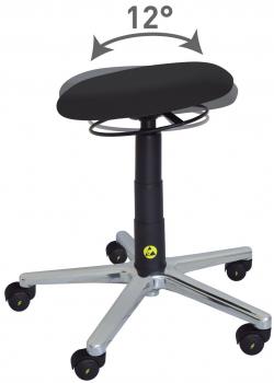 The image shows a rolling stool with an oval, black seat and an adjustable swivel mechanism. The stool has five wheels and a chrome-colored base.