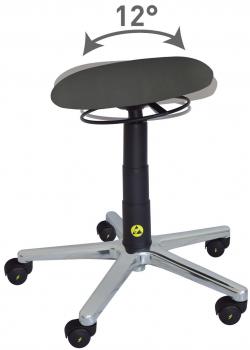 The image shows an office chair with a round, padded seat and a taller, black column. The chair has five wheels and a supportive footrest. The seat can be tilted by 12°.