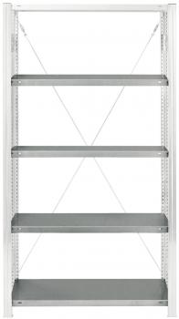 The image displays a sturdy, metallic shelving system with five gray, flat shelves. The structure is vertical and features lateral supports as well as diagonally mounted braces.