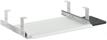 The image shows a pull-out shelf. It has sturdy metal brackets on both sides and a flat, white surface. A small, black edge is also visible.