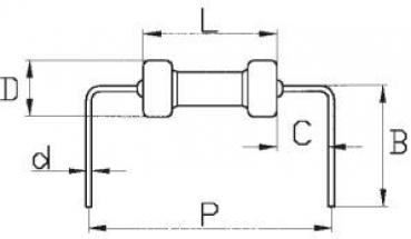 The image displays a technical drawing of a component with various dimensions. It has two lateral brackets, a central cylinder, and labels for measurements such as L, C, B, d, D, and P.