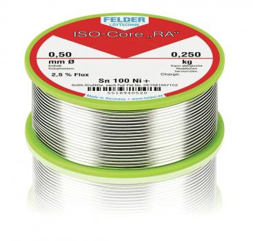 The image shows a spool of solder wire with a diameter of 0.50 mm. The spool is silver-colored and is located in a green, round container.
