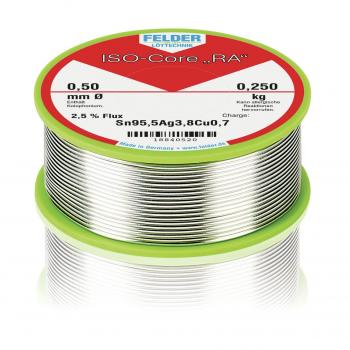 The image shows a spool with solder wire. The wire has a diameter of 0.50 mm and is wound on a green, round spool with a red label.