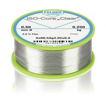 The image shows a spool of soldering wire. The spool has a green edge and a label in blue and white, detailing specifications such as diameter (0.50 mm) and weight (0.250 kg).