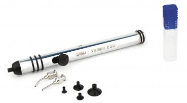 The image shows a silver tool with a black tip and several attachments in different shapes. Next to it is a transparent container with a blue cap.