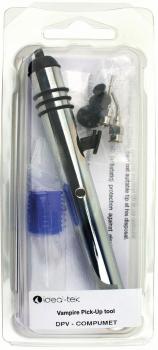 The image shows a transparent packaging material with a silver tool that looks like a pen. It includes accessories in black and blue, including inserts and a protective cap.