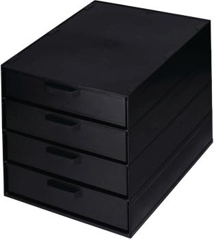 The image shows a rectangular, flat drawer in matte black. It has high sides and side handles that make it easier to pull out. The inside is also black.