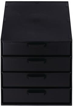 The image shows a black dresser with four drawers. The drawers have clear handles and the surface is smooth and flat. The dresser has a practical, simple shape.