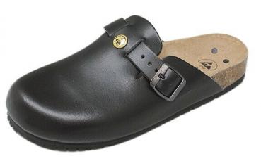 The shoe is a black leather clog with a wide, flat footbed. It has an adjustable strap with a golden buckle. The sole is thick and slip-resistant.
