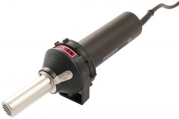 The image shows a hot air gun. It is slim, with a black casing and a long, silver air outlet. On the side, there are controls for temperature regulation.