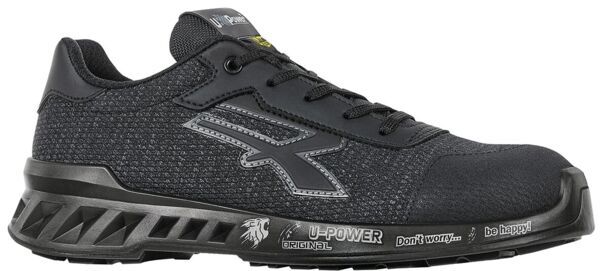 The shoes are sporty and black with yellow accents. They have a thick sole and a breathable surface. The laces are also black and the shape is modern.