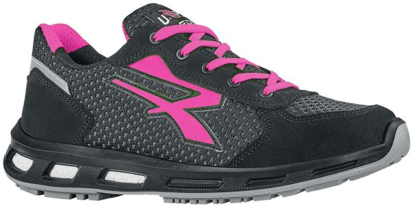 The shoe is a sporty, black sneaker with mesh material. It has pink shoelaces and a pink logo. The sole is sturdy and has a modern, sporty look.