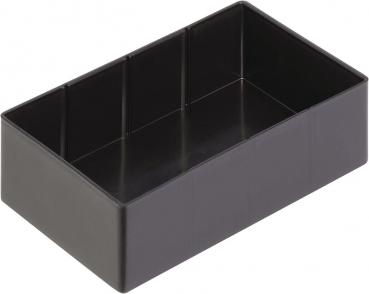 The image shows a rectangular, black plastic storage container. It has smooth sides and an open top, without a lid, and is divided into three compartments.