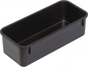 The image shows an elongated, narrow tray made of black plastic. It has smooth walls and an open top, ideal for storage or displaying items.