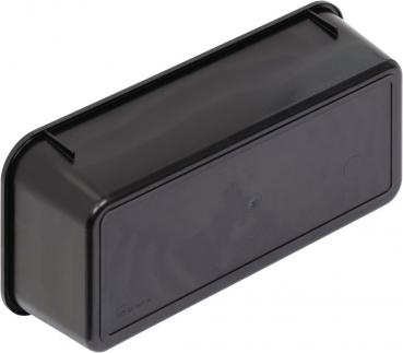 The image shows an elongated, black plastic box with rounded corners. The surface is smooth and solid-colored. There are no visible handles or special patterns.