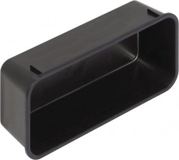 The image shows a rectangular, flat container made of black plastic. It has rounded corners and a smooth interior. There are two small notches on the sides.
