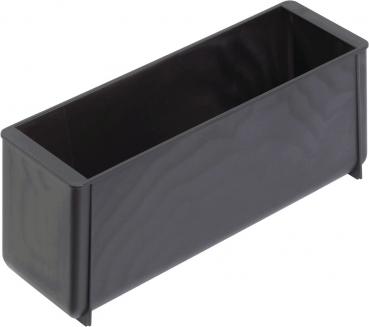 The image shows a rectangular, black plastic container. It has smooth sides and an open top, without a lid. The container is sturdy and suitable for storing items.