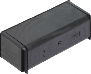 The image shows a black, rectangular plastic casing. It has rounded edges, a smooth surface, and is positioned horizontally. On one side, there are buttons and symbols visible.
