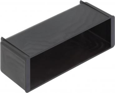 The image shows a rectangular, black container without a lid. It has smooth walls and an open top, allowing a view inside.