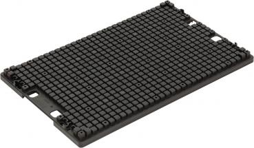 The image shows a rectangular, black plate with many small, uniform elevations. The surface is textured and has two recesses at the corners.
