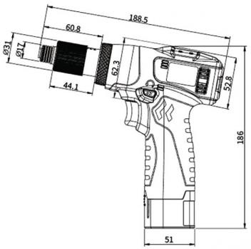 Das Bild zeigt eine technische Zeichnung eines Akkuschraubers. Er hat einen ergonomischen Griff, eine vordere Halterung für Aufsätze und Maßangaben, die Länge und Breite definieren.