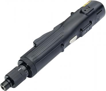 The image shows a black electric screwdriver. It has an elongated shape with several grooves, a rotating head at the end, and buttons on the side for operation.