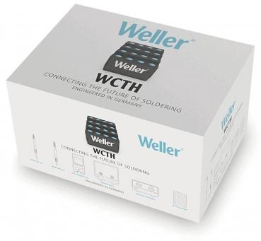 Die Verpackung ist rechteckig und grau mit blauem Schriftzug. Oben steht "Weller WCTH", darunter der Slogan "Connecting the Future of Soldering." Auf der Seite sind Symbole und technische Informationen.