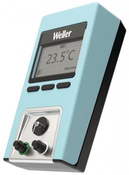 Das Bild zeigt ein digitales Thermometer in einem hellblauen Gehäuse. Es hat ein Display mit der Temperaturanzeige 23,5 °C, zwei Tasten darunter und Anschlüsse an der Unterseite.