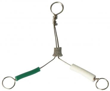 The image displays a three-pronged metal clip. In the center, there is a coiled wire from which two wires with colored plastic handles (green and white) extend. At the top, there is a loop.