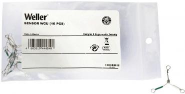 Das Bild zeigt eine transparente Plastiktüte mit einer weißen Etikette, die den Schriftzug "Weller SENSOR WCU (10 PCS)" trägt. Darin sind mehrere kleine, silberne Sensoren mit grünen Akzenten.