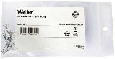 Das Bild zeigt eine durchsichtige Plastiktüte mit einem weißen Etikett. Darauf steht "Weller SENSOR WCU (10 PCS)" und eine Barcode-Nummer. Die Tüte enthält kleine, metallische Sensoren.