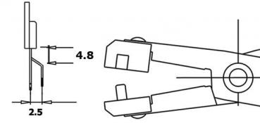 The image displays technical drawings of a tool, with two views: a side view and a top view. Dimensions are provided: 2.5, 4.8, and 2.5 units.