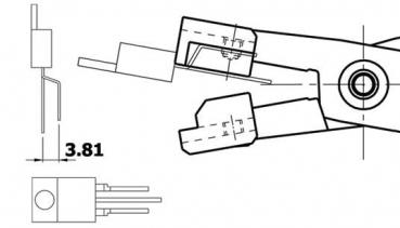 The image displays technical drawings of a connector. It shows views from the front, the side, and a detailed view with dimensions, specifically 3.81 mm.