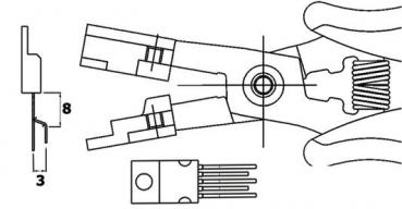The image displays a technical drawing of a pair of pliers with a detailed view. On the left is a partial view indicating the size 3x8 mm. In the center are the pliers themselves with a central axis.