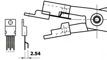 Das Bild zeigt technische Zeichnungen eines Steckverbinders. Links ist eine Frontansicht mit fünf Pins, rechts eine Seitenansicht des Anschlusses. Die Maße sind skaliert, mit einer Markierung von 2.54 mm.