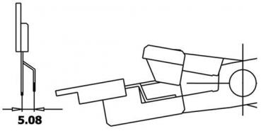 The image shows a technical drawing. On the left is a side view of an object with a small pin. On the right is a top view of a flat element that is tilted.