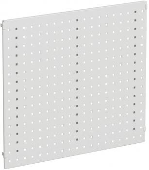 The image shows a rectangular, white plate with many small, uniform holes. The holes are arranged in a regular pattern, giving the plate a structured appearance.
