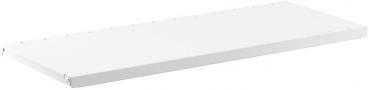 The image displays a simple, rectangular white shelf. It has a smooth surface and is devoid of any special decorations. Small holes for mounting are visible on the edges.
