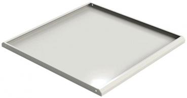 The image shows a square, flat plate with a stable, narrow rim. The surface is smooth and transparent, the rim is metallic and forms a clear boundary.