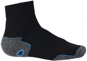 The image shows a tall, black sock with gray and blue accents on the toe. The top edge is elastic, and the fabric appears soft and comfortable.