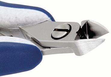 The image displays an electric nail clipper. It features a metallic handle with blue rubber inserts and an angled, sharp blade. The blade opens when operated.