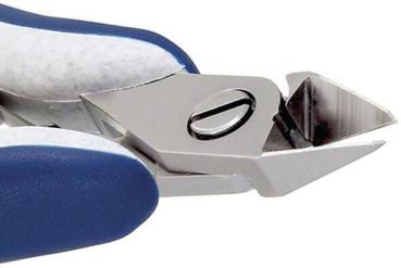 The image shows a sharp metal pliers with a special, pointed cutting blade and blue handles. It is often used for cutting nails or fine materials.