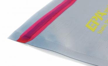 The image shows a transparent, blue bag with a red line at the top. On the front, it reads 