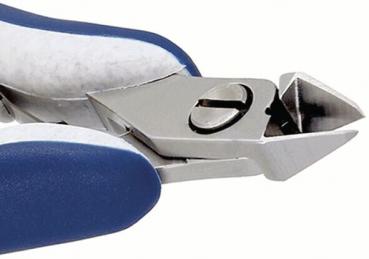 The image shows a nail or wire cutter with a metallic, sharp head and blue rubber grips. The head is shaped for a precise cutting surface.