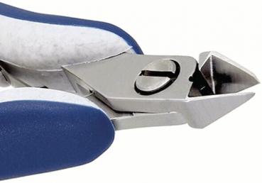 The image shows a side view of a nail clipper. The handle is blue and white, the blades are metallic and sharp. The blades are slightly open, ready for cutting.