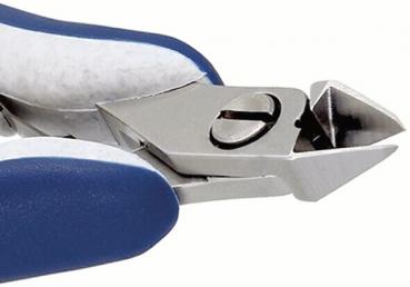 The image shows a nail clipper with high-quality, shiny metal blades. The handles are blue and ergonomically shaped. The blade opens and closes like scissors.