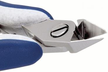 The image shows a nail clipper with a wide, angled blade and blue, ergonomic handles. The blade has a pointed, sharp edge for precise cutting.