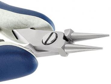 The image shows a fine pair of pliers with two pointed jaws. The handles are blue and ergonomically shaped, while the head is made of shiny metal. A screw mechanism is visible.